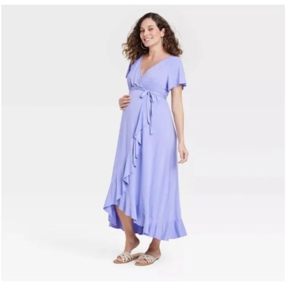Isabel Maternity Medium Purple Faux Wrap Ruffle Midi Shower Dress